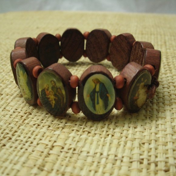 Handmade Wood Religious Pictures Bracelet - Picture 1 of 16